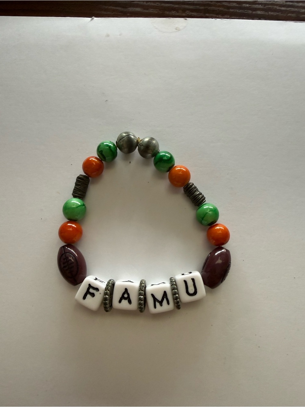 Beaded 'FAMU' Letter Bracelet in Green & Orange